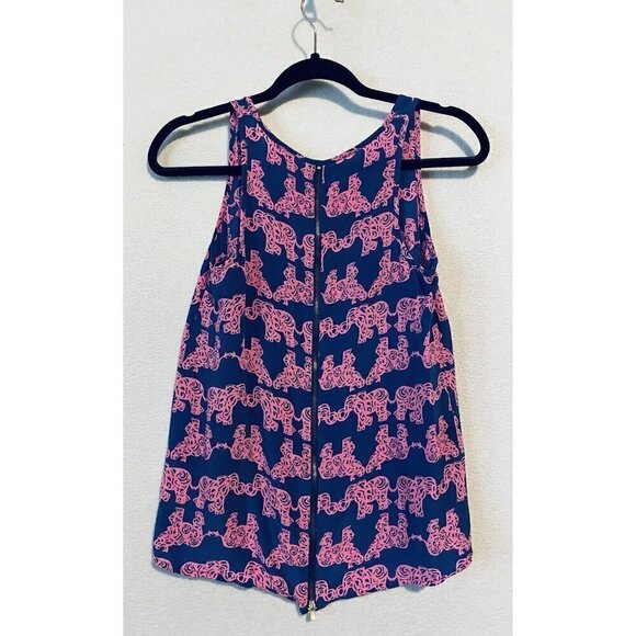 Lilly Pulitzer Top Womens XS Blue Pink Silk Elephant Print Tank Back Zipper Boho - Picture 6 of 10
